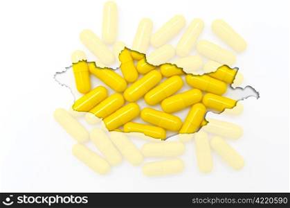 Outline mongolia map with transparent background of capsules symbolizing pharmacy and medicine