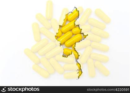 Outline myanmar map with transparent background of capsules symbolizing pharmacy and medicine