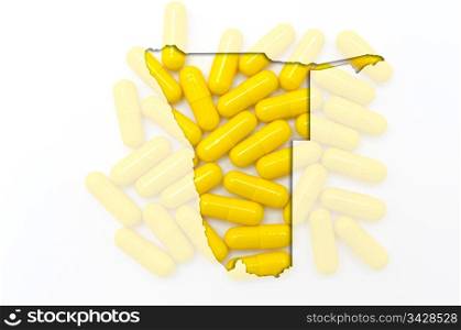 Outline namibia map with transparent background of capsules symbolizing pharmacy and medicine
