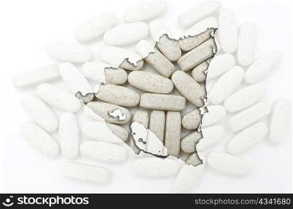 Outline nicaragua map with transparent background of capsules symbolizing pharmacy and medicine
