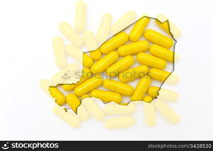 Outline niger map with transparent background of capsules symbolizing pharmacy and medicine