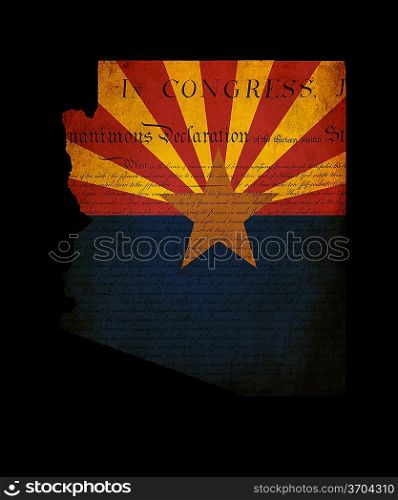 Outline of American USA Arizona state with grunge effect flag insert and overlay of Declaration of Independence document