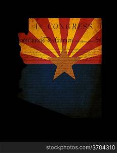 Outline of American USA Arizona state with grunge effect flag insert and overlay of Declaration of Independence document