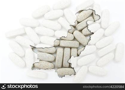 Outline pakistan map with transparent background of capsules symbolizing pharmacy and medicine