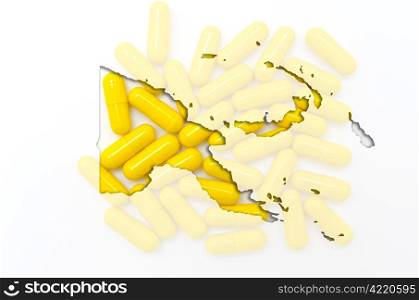 Outline papua new guinea map with transparent background of capsules symbolizing pharmacy and medicine