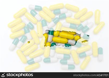 Outline puerto rico map with transparent background of capsules symbolizing pharmacy and medicine