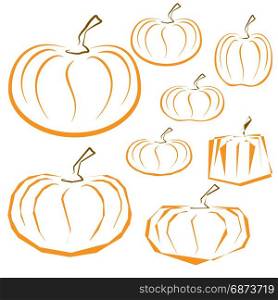 outline pumpkins set on white background.. Orange outline pumpkins set on white background. Different shapes of pumpkins.