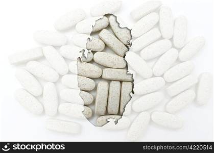 Outline qatar map with transparent background of capsules symbolizing pharmacy and medicine