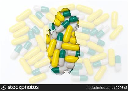 Outline qatar map with transparent background of capsules symbolizing pharmacy and medicine