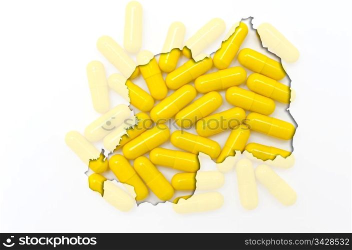Outline rwanda map with transparent background of capsules symbolizing pharmacy and medicine