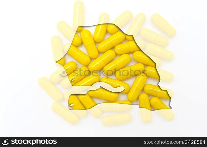 Outline senegal map with transparent background of capsules symbolizing pharmacy and medicine