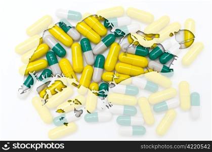 Outline singapore map with transparent background of capsules symbolizing pharmacy and medicine