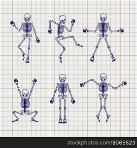 Outline skeletons set on notebook page. Outline style skeletons set vector on notebook page