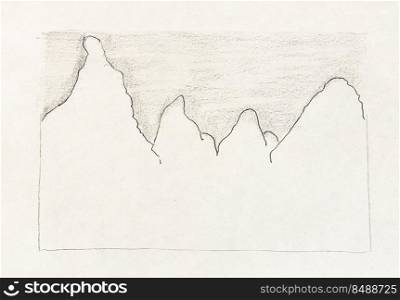 outline sketch of karst peaks in Yangshuo County China under black sky in hand-drawn with black pen and pencil on old white textured paper