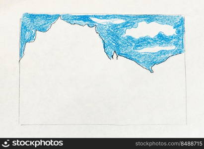 outline sketch of Lecco city skyline with mountain, Italy under blue sky in hand-drawn with black pen and color pencil on old white textured paper