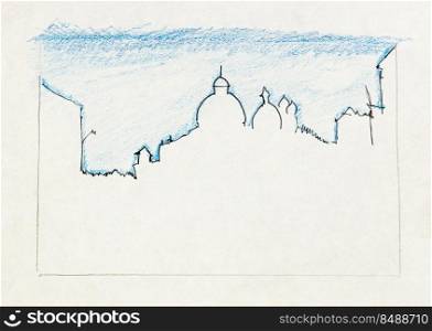 outline sketch of Venice city skyline Italy under blue sky in hand-drawn with black pen and color pencil on old white textured paper