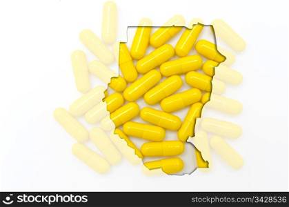 Outline sudan map with transparent background of capsules symbolizing pharmacy and medicine