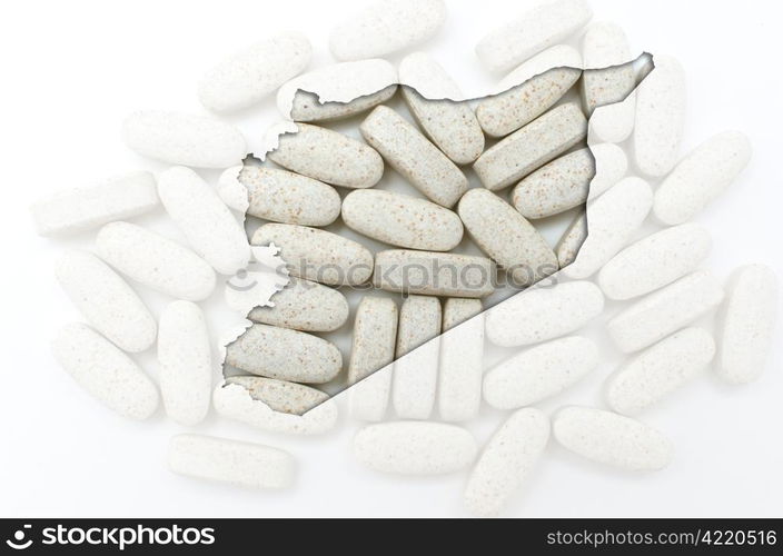 Outline syria map with transparent background of capsules symbolizing pharmacy and medicine