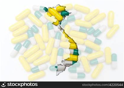 Outline vietnam map with transparent background of capsules symbolizing pharmacy and medicine