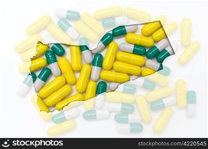 Outline yemen map with transparent background of capsules symbolizing pharmacy and medicine