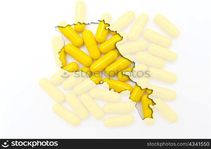 Outlined armenia map with transparent background of capsules symbolizing pharmacy and medicine