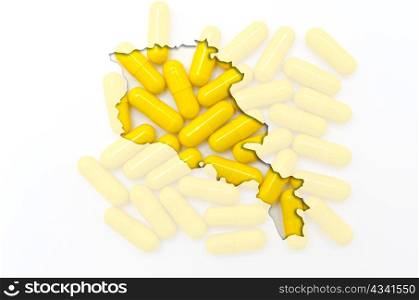 Outlined armenia map with transparent background of capsules symbolizing pharmacy and medicine