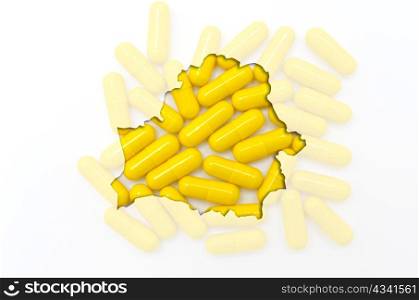 Outlined belarus map with transparent background of capsules symbolizing pharmacy and medicine
