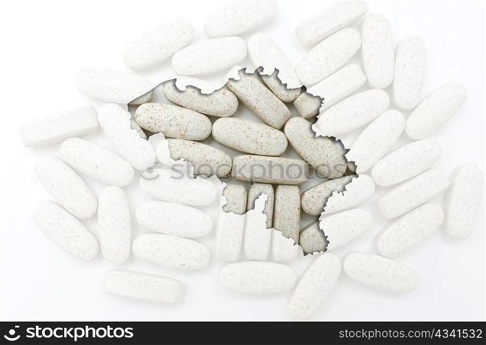 Outlined belgium map with transparent background of capsules symbolizing pharmacy and medicine