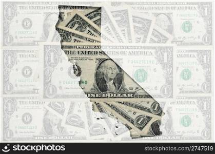 Outlined california map of with transparent background of US dollar banknotes