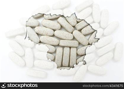 Outlined lithuania map with transparent background of capsules symbolizing pharmacy and medicine