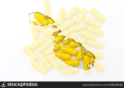 Outlined malta map with transparent background of capsules symbolizing pharmacy and medicine