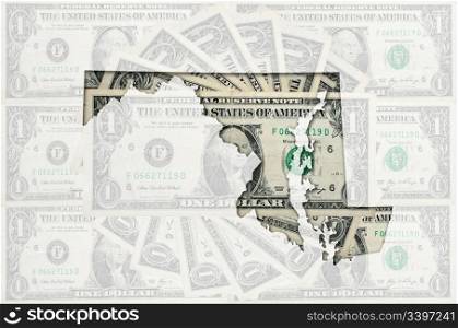 Outlined map of maryland with transparent background of US dollar banknotes