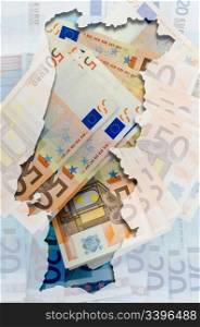 Outlined map of Portugal with transparent background of euro banknotes