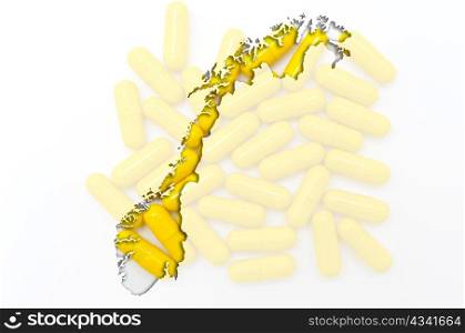 Outlined norway map with transparent background of capsules symbolizing pharmacy and medicine