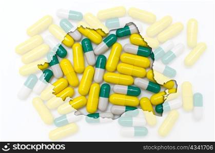 Outlined romania map with transparent background of capsules symbolizing pharmacy and medicine