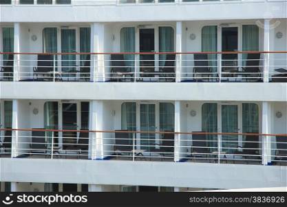 Outside cruise ship cabins on a middle size cruise ship