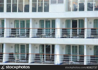 Outside cruise ship cabins on a middle size cruise ship