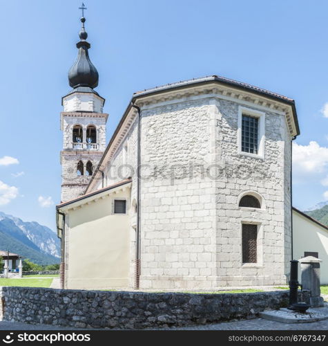 Outside the apse and bell tower of a church in the 17th century in Northern Italy