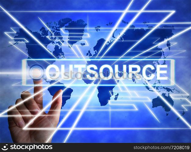 Outsource or contracting out means to subcontract or use external workers. Freelance projects or Global sourcing - 3d illustration