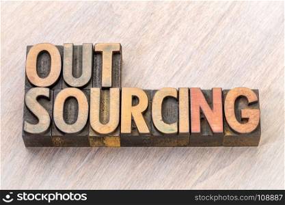 outsourcing word abstract in vintage letterpress wood type printing blocks