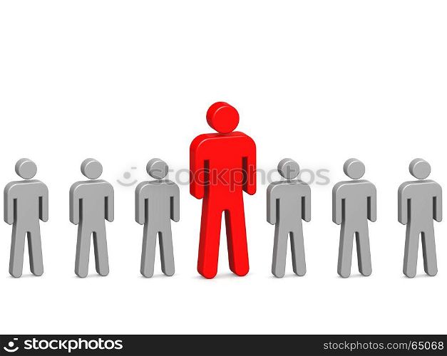 Outstanding red man in the line, 3D rendering