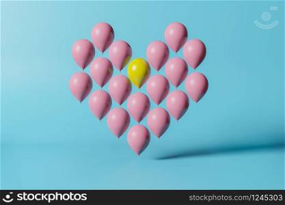 Outstanding yellow balloon among pink balloon of heart shape on blue background. 3D rendering minimalism concept.