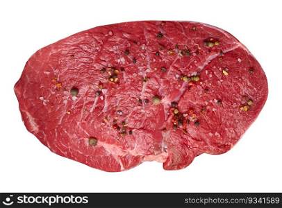 Oval beef tenderloin with salt and pepper on a white isolated background