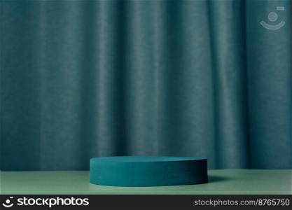 Oval teal podium, pedestal on a blue background with curtain. Empty showcase. Product, promotion sale, presentation, beauty cosmetic. Trendy color 2023. Oval teal podium, pedestal on a blue curtain background