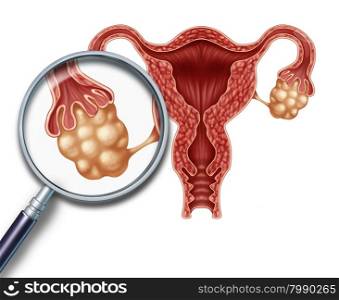 Ovaries concept and uterus with fallopian tubes as a magnification close up of a human female reproduction illustration on a white background as a symbol of fertility and reproductive system health.