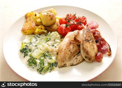 Oven grilled/baked chicken breasts,bacon and vine tomatoes served with pan fried potatoes and bok choi in cream sauce