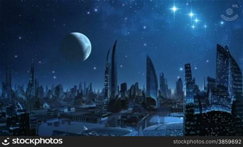 Over a city the moon and stars weighs and are reflected in water. All is flooded by blue light.