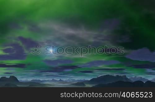 Over the desert hills vast sky. A bright star shines white light. Slowly float heavy clouds, including flash discharges electric light and stained in green color on the background of purple sky.