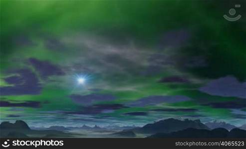 Over the desert hills vast sky. A bright star shines white light. Slowly float heavy clouds, including flash discharges electric light and stained in green color on the background of purple sky.