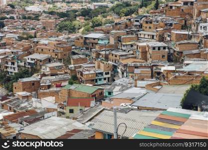 Over view at houses on the hills of Comuna 13 in Medellin, Columbia